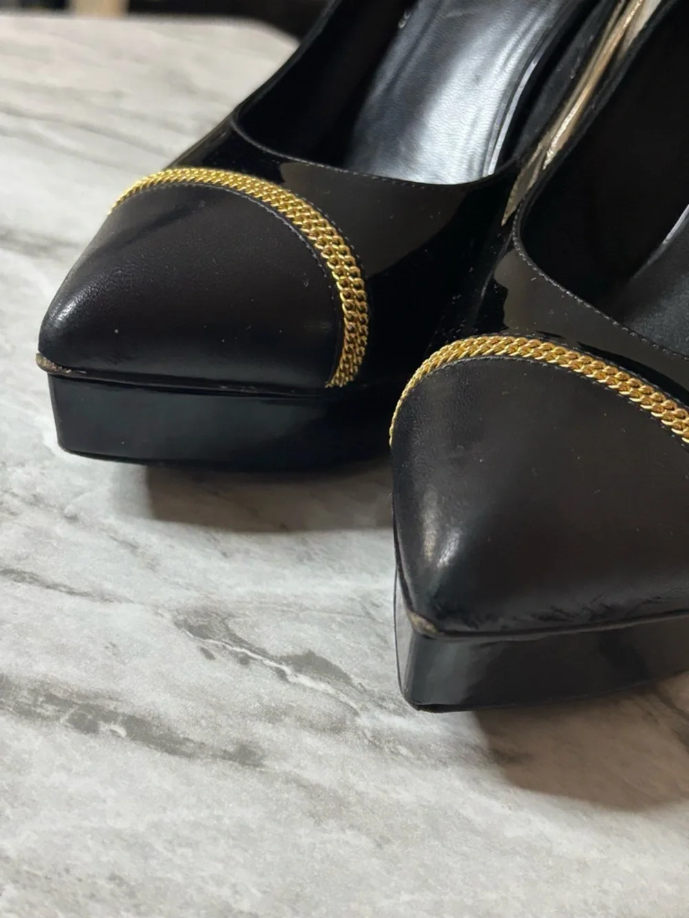 Saint Laurent Black Patent Leather Pointed Toe Pumps w/ Gold Chain Trim Sz 37.5